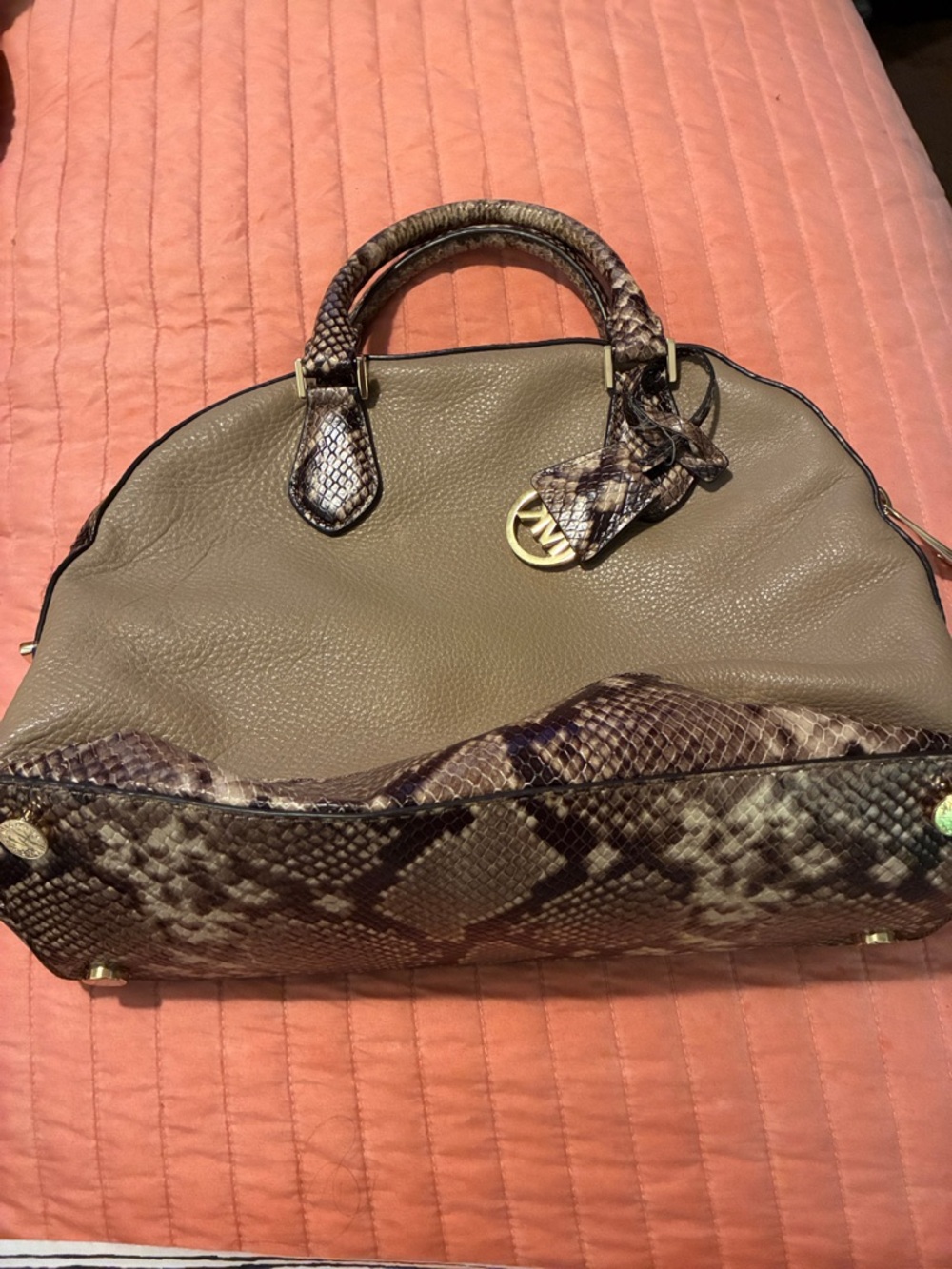 Michael Kors Olive Green Satchel with Snake-Print Trim